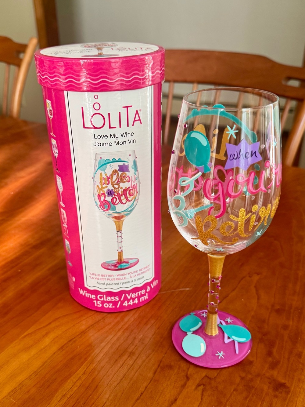 Lolita Pink, Gold & Teal Hand-Painted Wine Glass